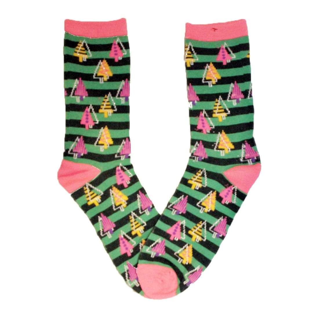Retro Holiday Christmas Crew Tree Socks Green
