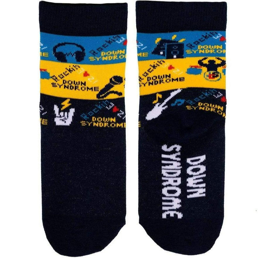 Navy Striped Rockin Down Syndrome – Junior Crew Socks - Johns Crazy Socks