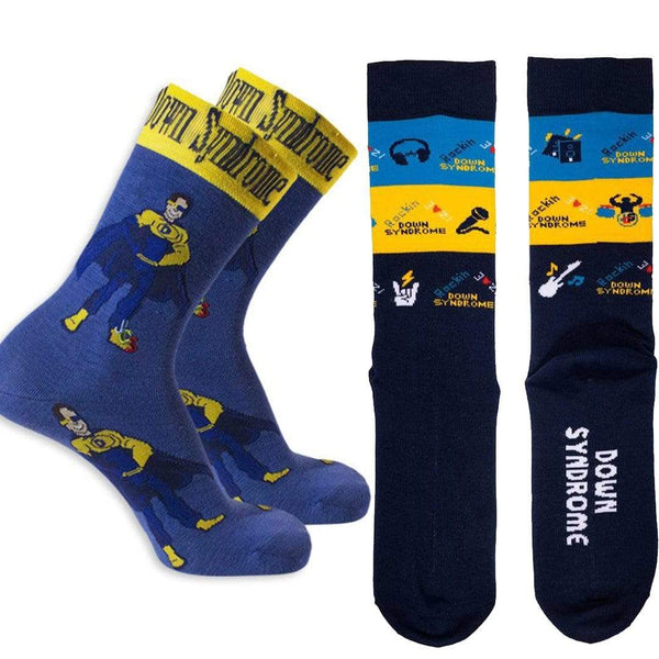 Rockin Down Syndrome Super Hero Boy Crew 2 Pack Women's / Navy White and Yellow