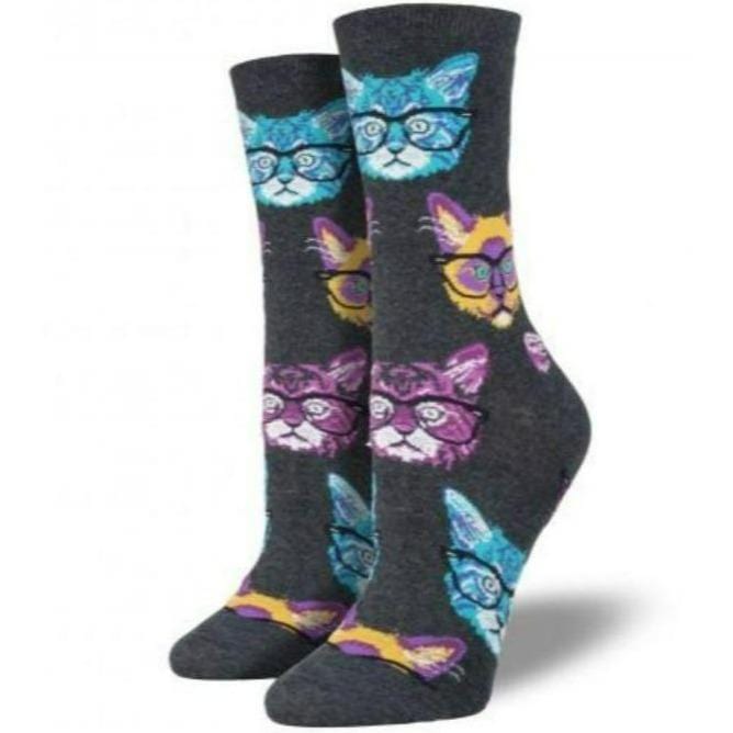 Multi Color Kittenster Socks Women's Crew Sock Black with Multi-Color Cats