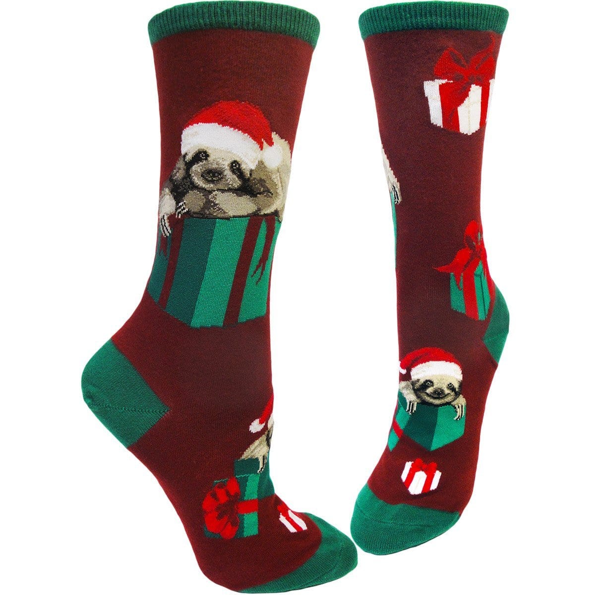 Santa Sloth Socks -Women's Crew Sock red