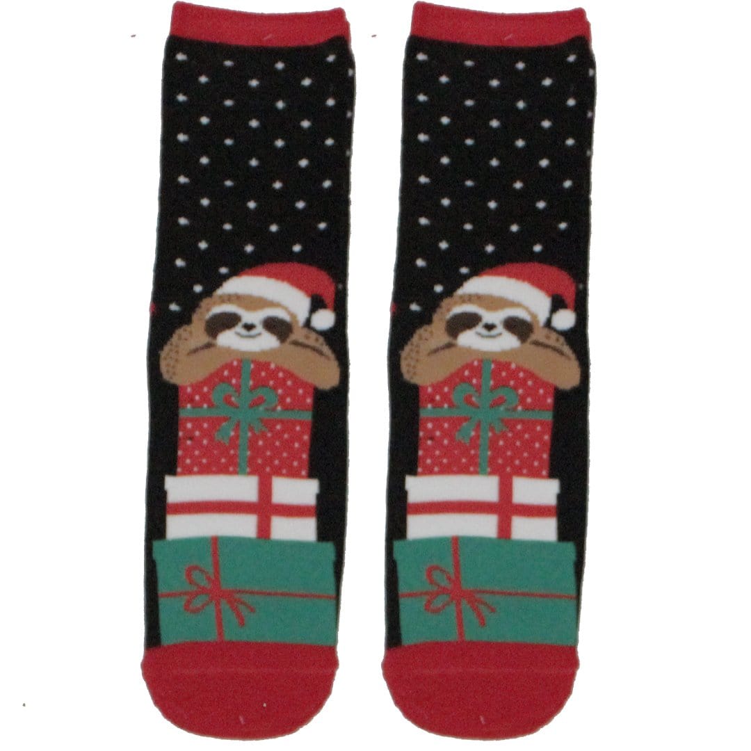 Sleeping Sloth Holiday Grip Slipper Sock Black