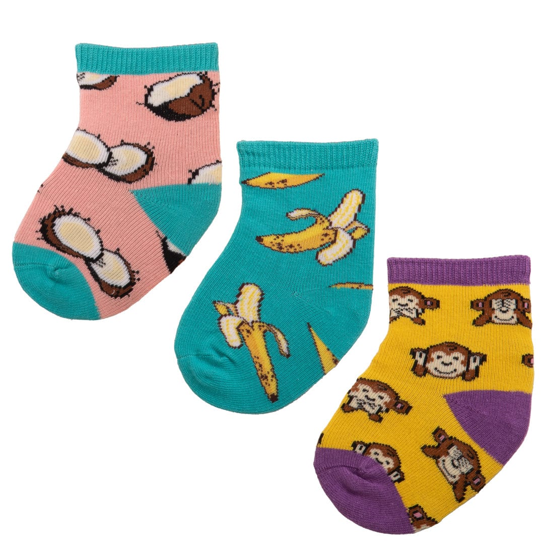 Spunky Monkey Crew Sock 3 Pack Pink Blue and Yellow / Toddler 12 months - 24 months