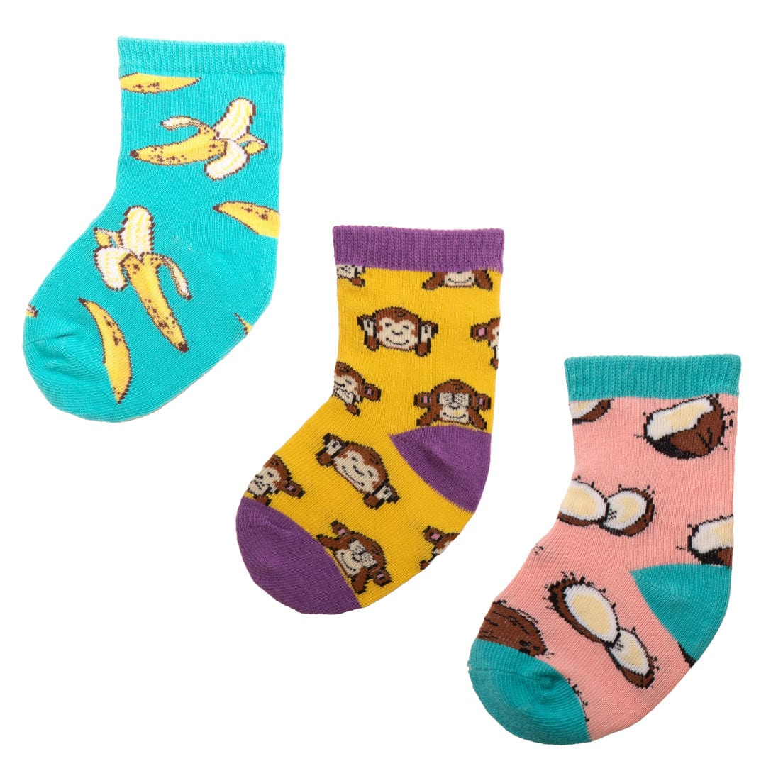 Spunky Monkey Crew Sock 3 Pack Pink Blue and Yellow / Baby 6 months - 12 months