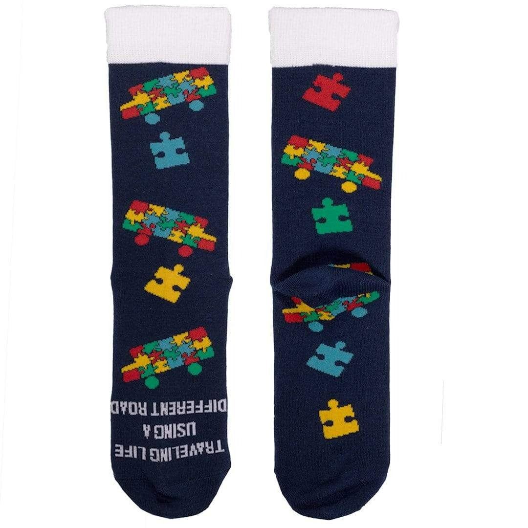 Bus Puzzle Piece Autism Awareness Socks Crew Sock Women's / Navy