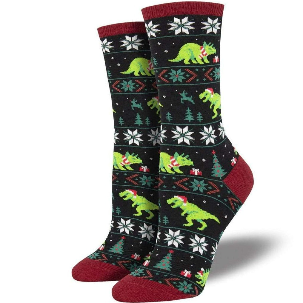 Santasaurus Rex Socks  Women’s Crew Sock Black