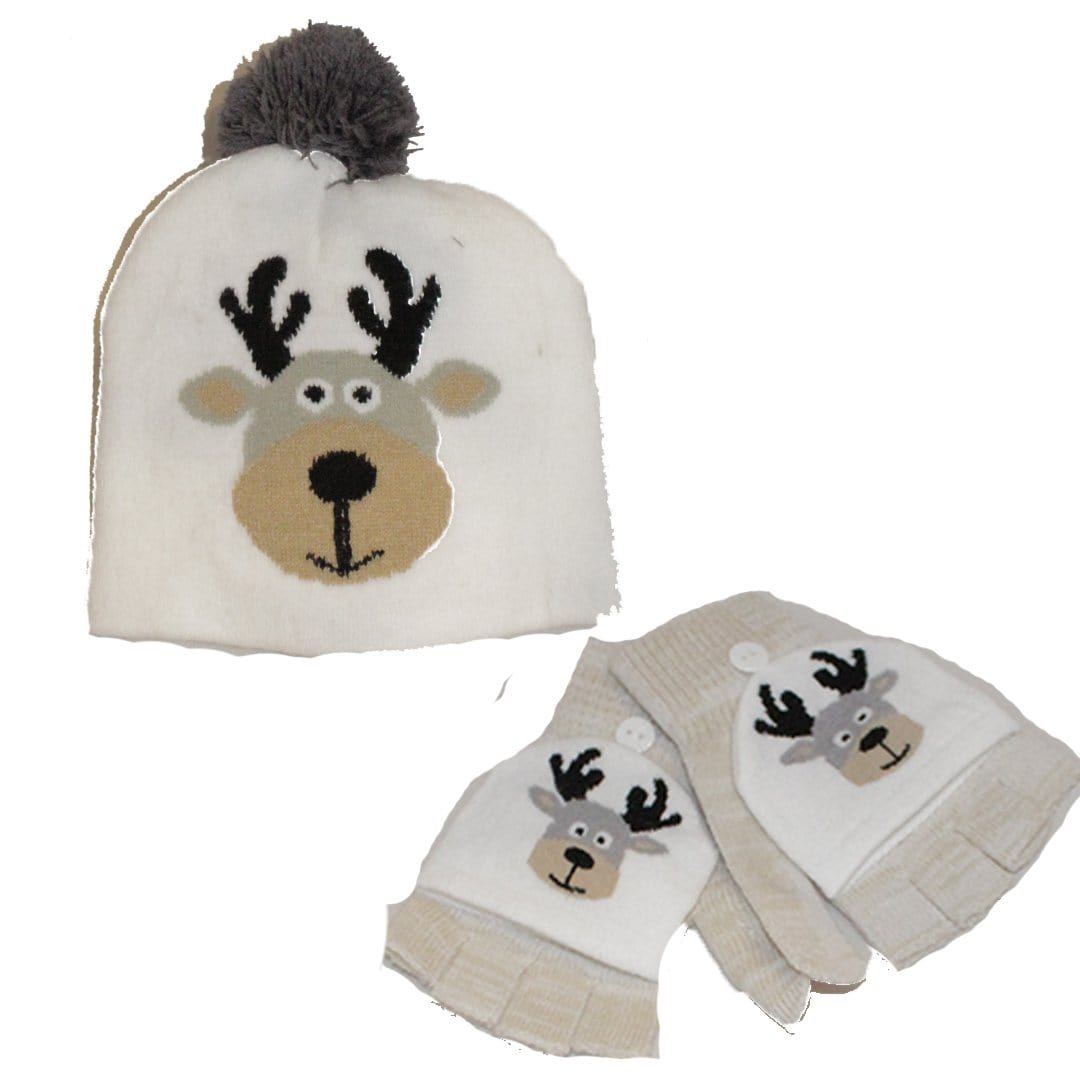 Winter Reindeer Kid’s Hat &amp; Gloves Set White