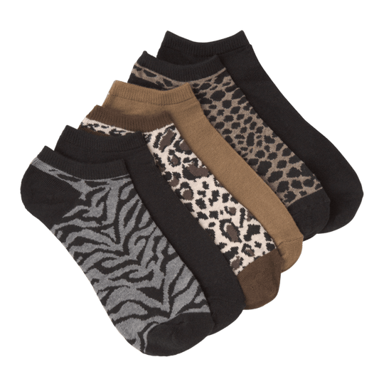 Heather Animal Women's No Show 6 Pair Pack Socks Brown Black and Tan