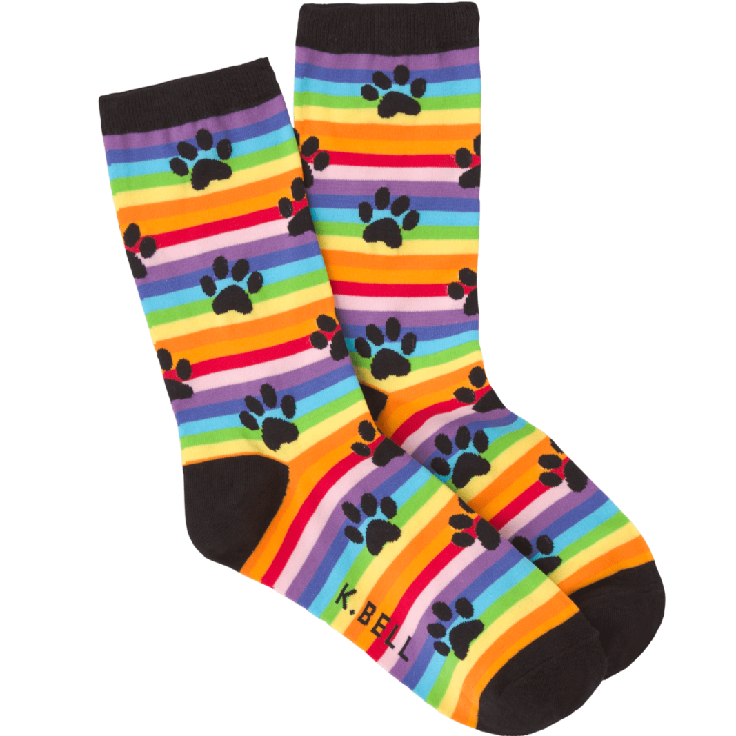 Rainbow Stripe Paw Print Socks Women's Crew Sock Multi
