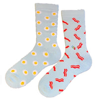 Mismatched Eggs and Bacon Crew Socks - Women's / Blue - John's Crazy Socks