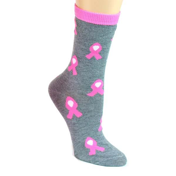 Breast Cancer Awareness Socks Women&#39;s Crew Sock Grey with Pink Ribbons / Grey
