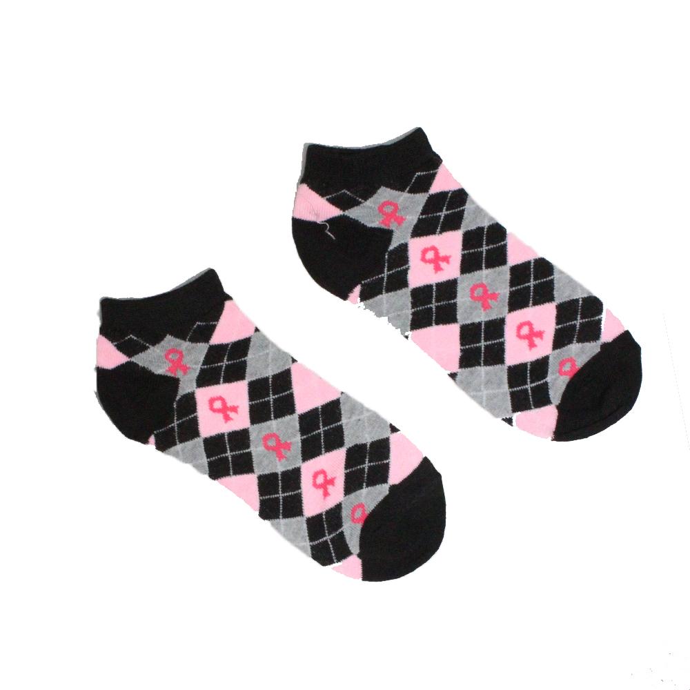 Pink Ribbon Breast Cancer Awareness Socks Women&#39;s Ankle Sock Argyle Black and Pink