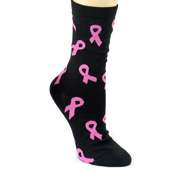 Breast Cancer Awareness Socks Women&#39;s Crew Sock Black with Pink Ribbons / Black