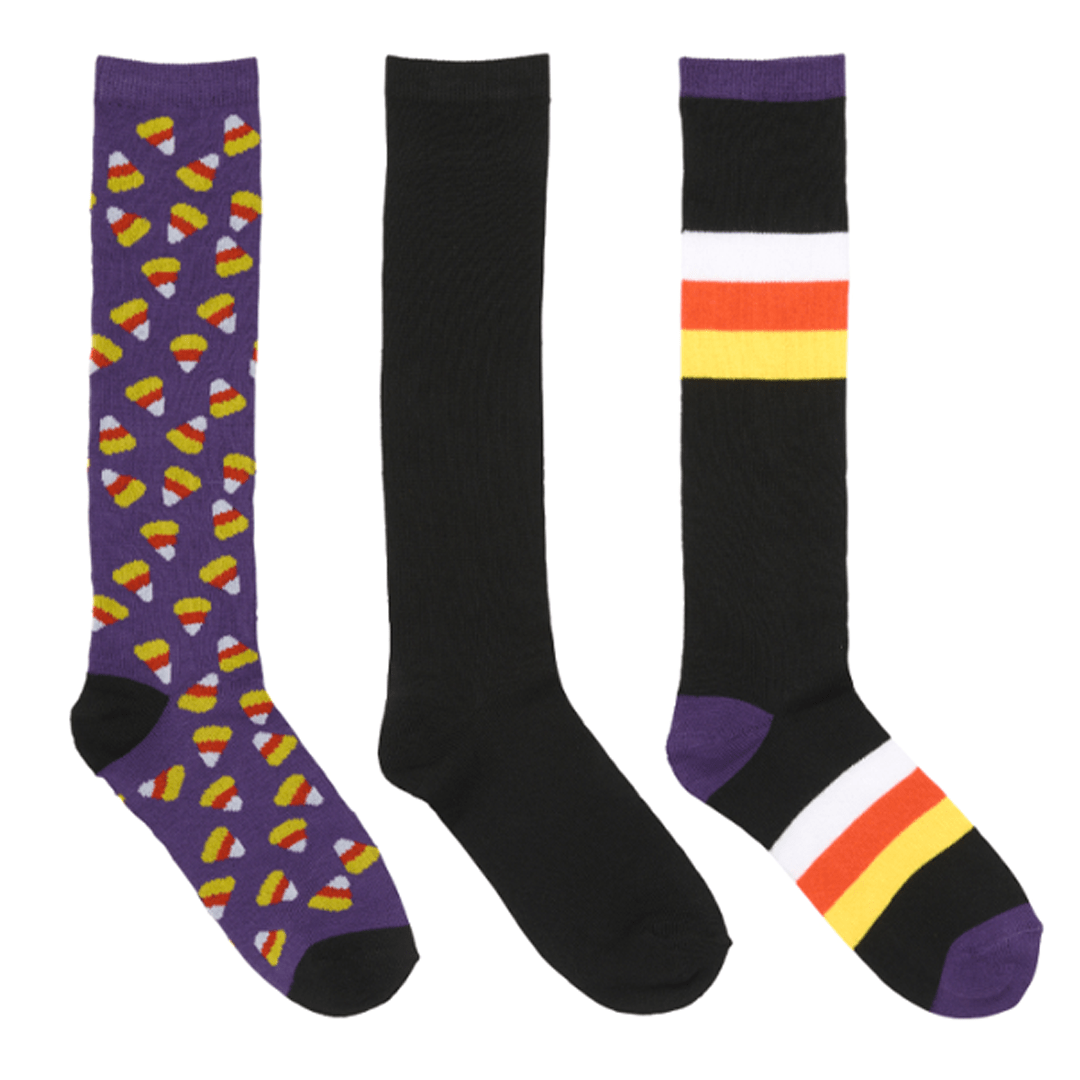 Halloween Candy Corn Knee High Socks 3 Pack Purple