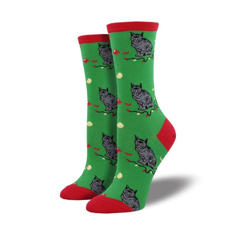 Christmas Cat-Astrophe Socks Women&#39;s Crew Sock Green