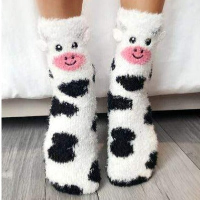 Fuzzy Cow Slipper Socks White