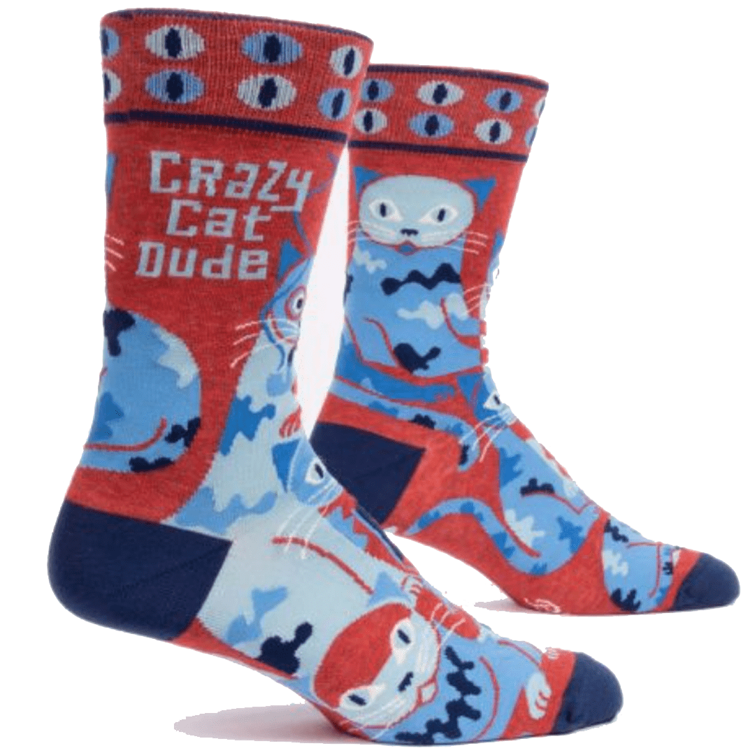 Crazy Cat Dude Men's Crew Socks Blue