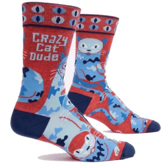 Crazy Cat Dude Men's Crew Socks Blue