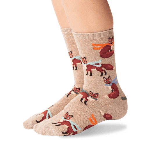 Winter Foxes Kid's Crew Socks Tan