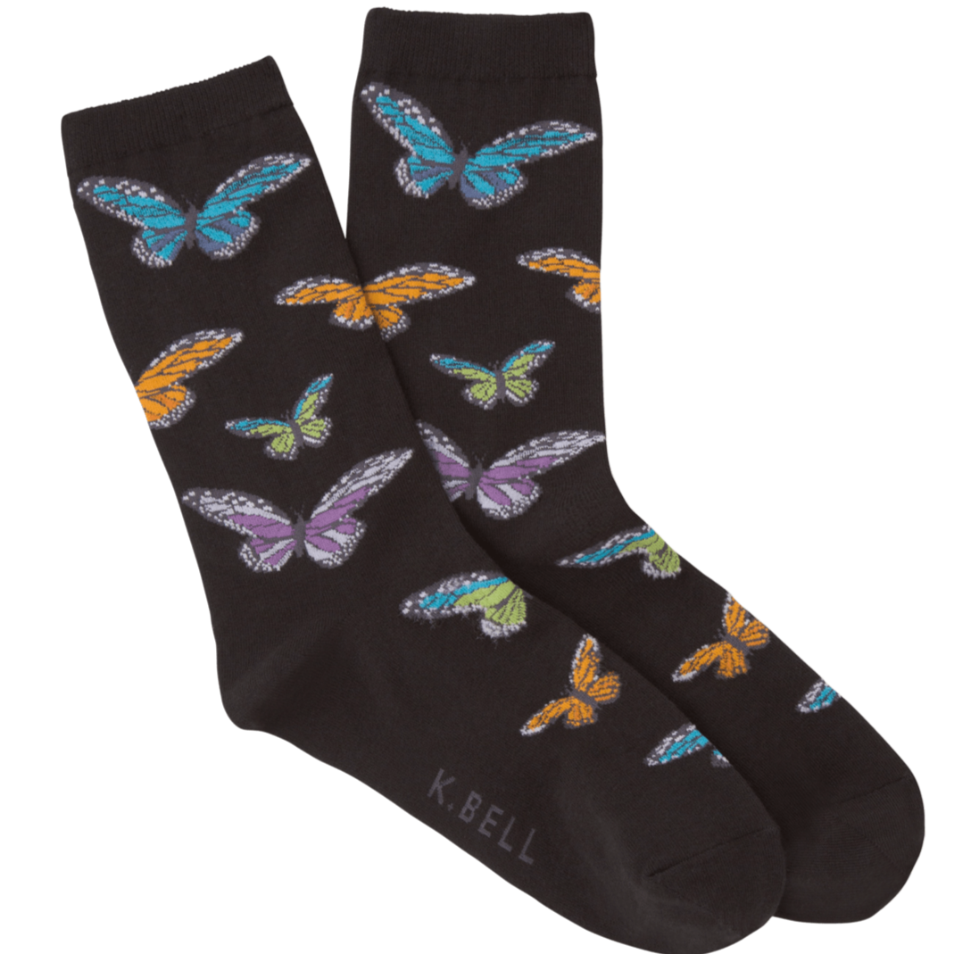 Colorful Butterflies Socks  Women's Crew Sock Black