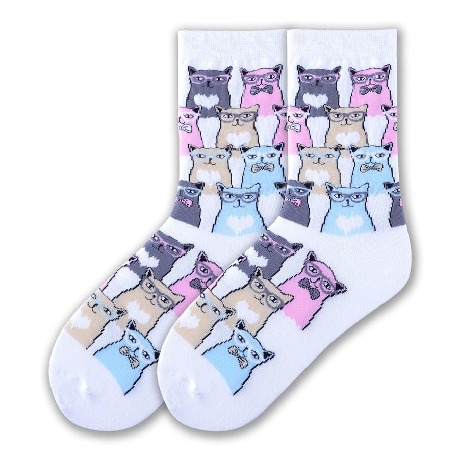 Wise Smarty Cats Women's Crew Sock White
