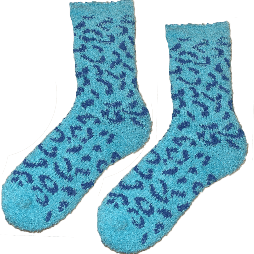 Fuzzy Cheetah Print Women&#39;s Crew Sock Light Blue / Dark Blue