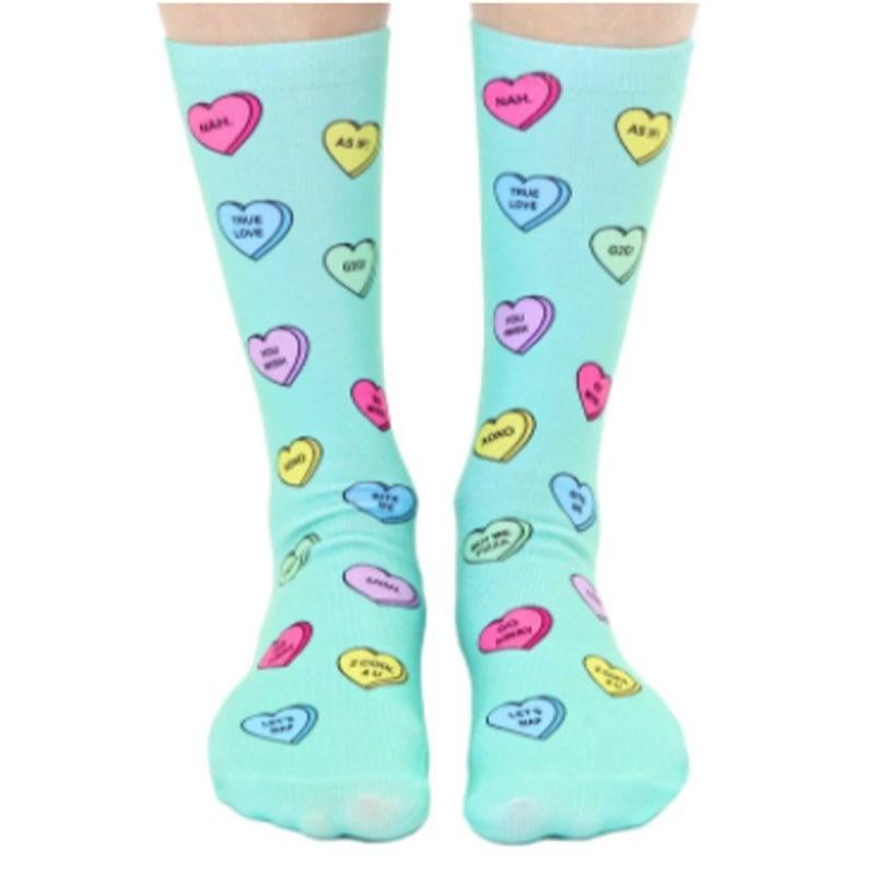 Sassy Candy Hearts Unisex Crew Sock Blue with Colorful Hearts