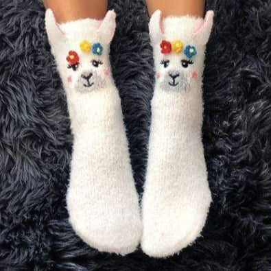 Fuzzy Llama Slipper Socks White