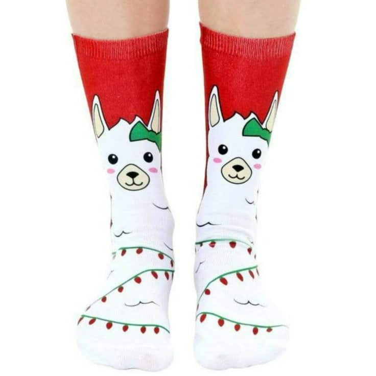 Christmas Lights llama Crew Socks Red