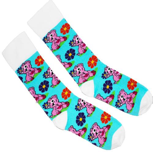Pigs and Flowers Socks Unisex Crew Sock One Size Fits Most / Teal