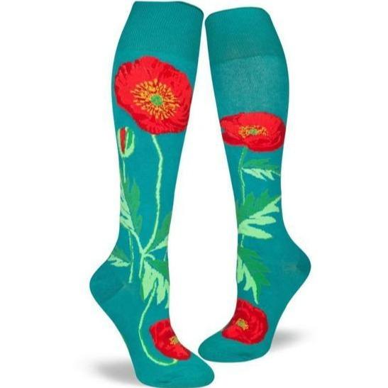 Bold Poppies Flower Socks Teal Women&#39;s Knee High Sock Teal