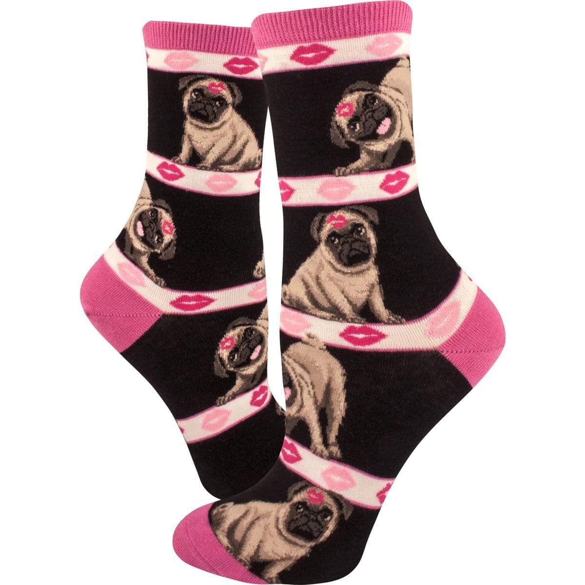 Pugs and Kisses Socks -Women&#39;s Crew Sock pink