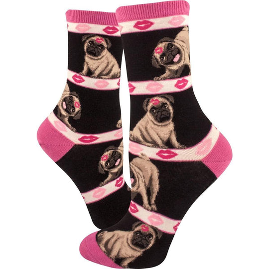 Pugs and Kisses Socks -Women's Crew Sock pink