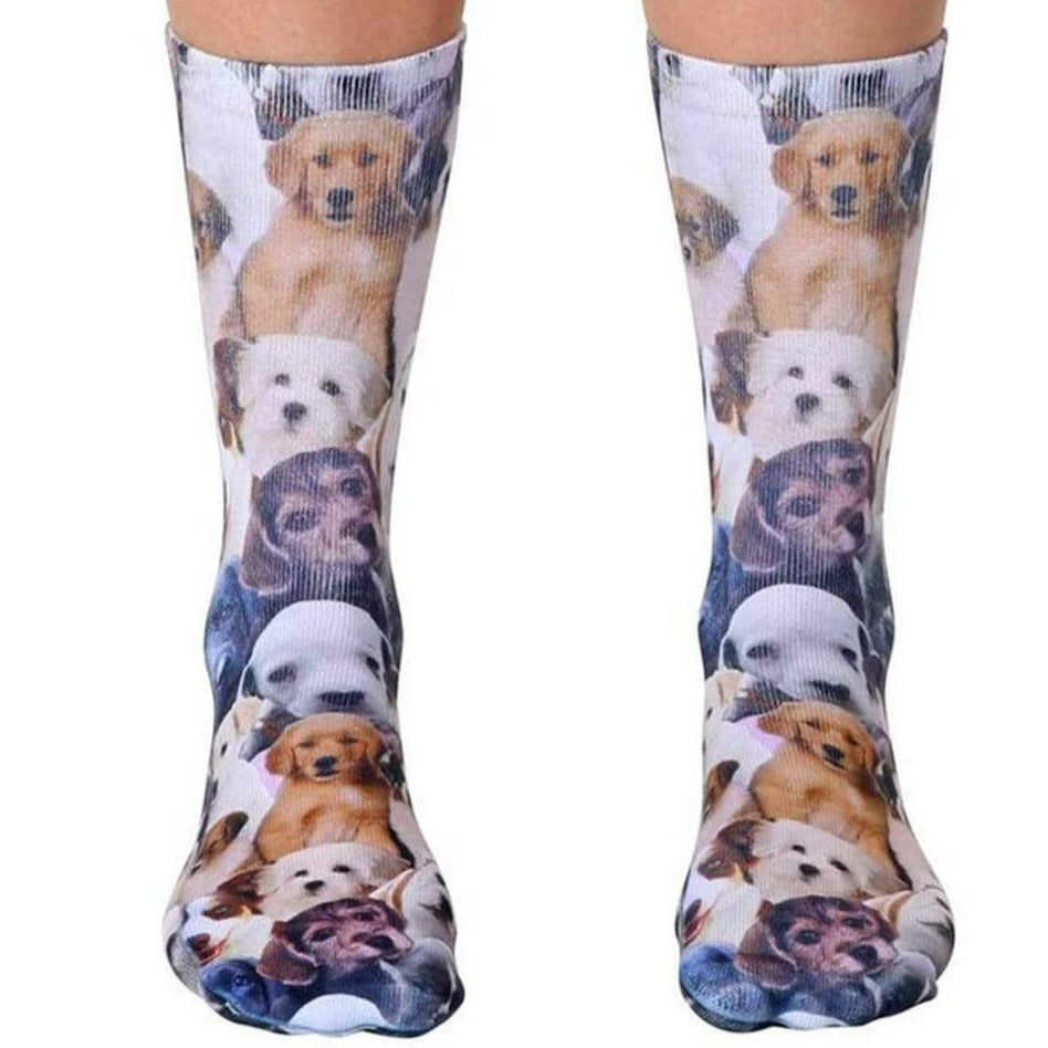 Puppy All Over Socks - Unisex Crew Sock Brown