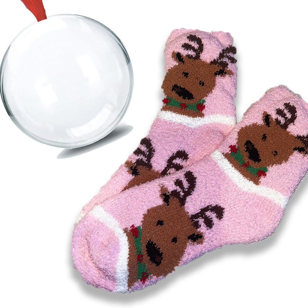 Cozy Reindeer Fuzzy Sock Ornament Reindeer Pink