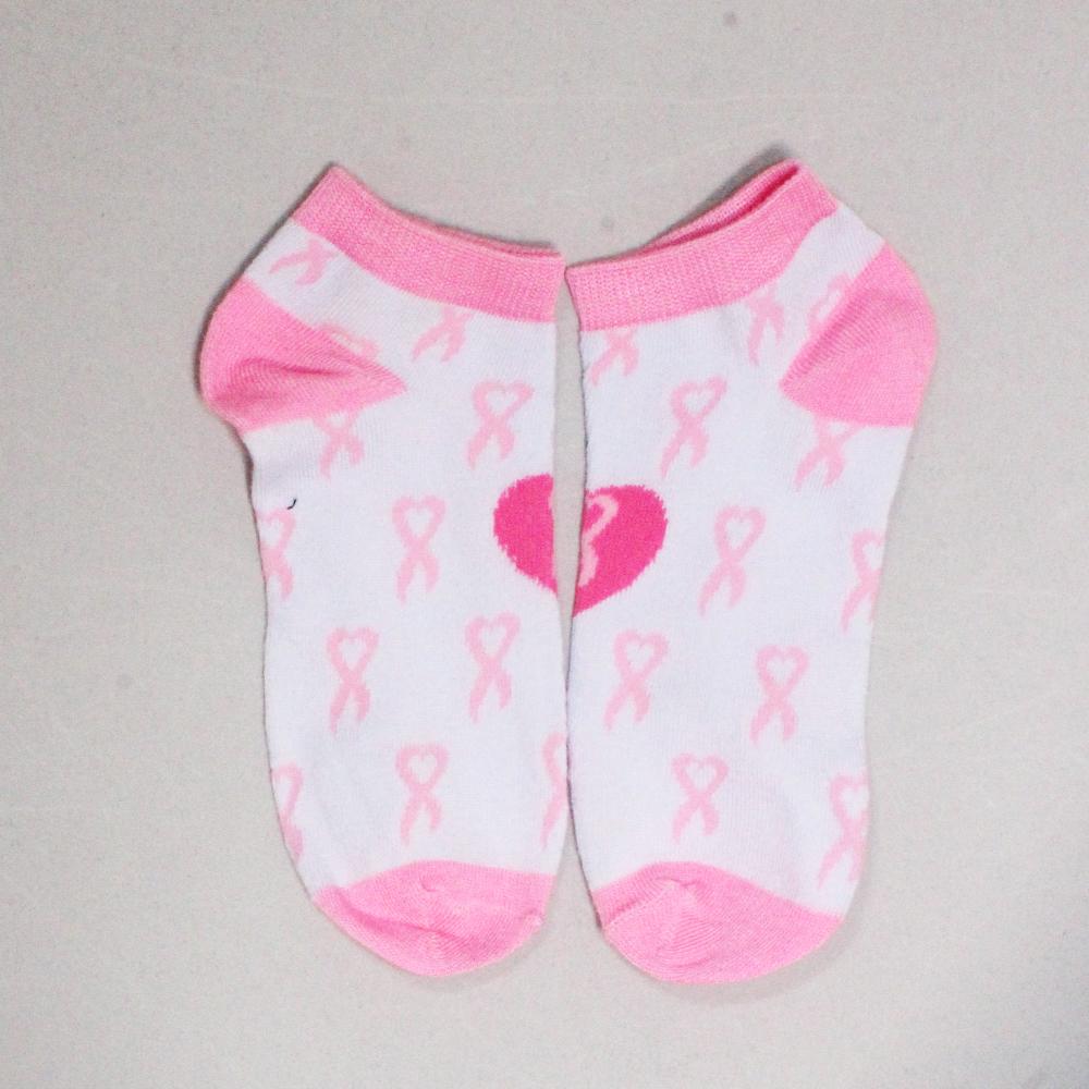Pink Ribbon Breast Cancer Awareness Socks Women&#39;s Ankle Sock White with Pink Trim