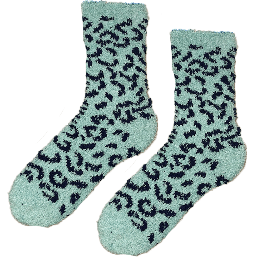 Fuzzy Cheetah Print Women&#39;s Crew Sock Sage