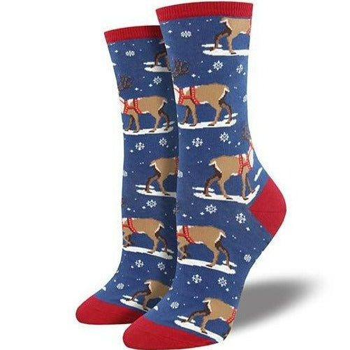 Winter Reindeer  Women’s Crew Socks Blue