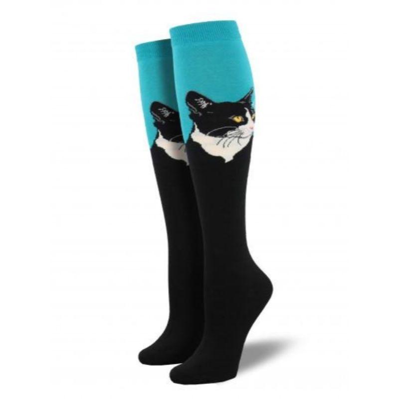 Cat Portrait Socks Women's Knee High Sock Turquoise